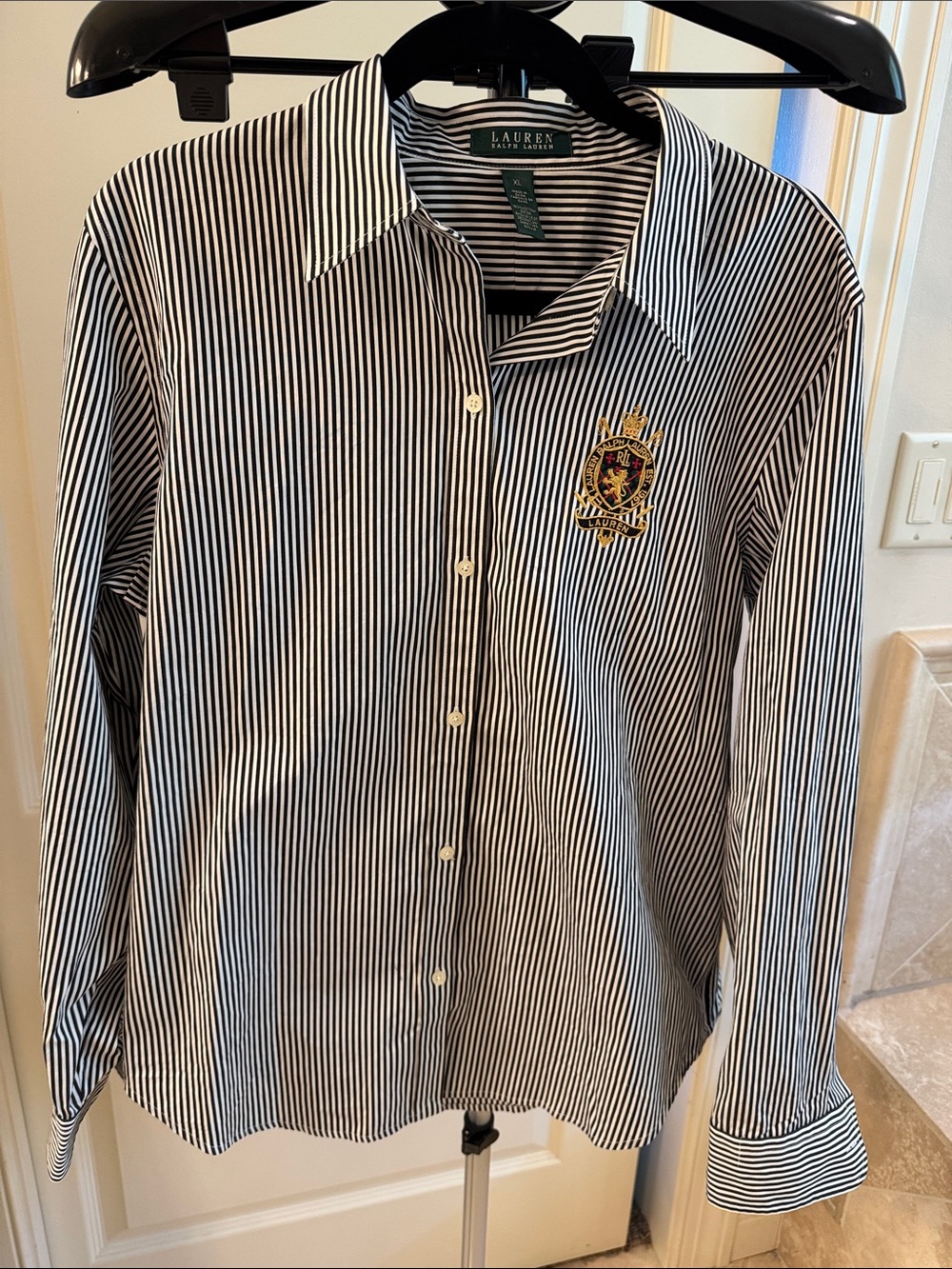 Ralph Lauren Black and White Striped Crest Button-Down Shirt